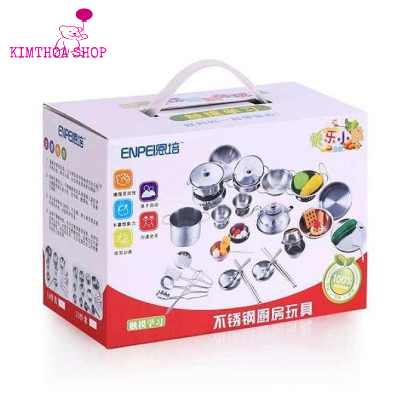 Bộ đồ chơi nấu ăn inox 40 chi tiết cho bé, bộ nồi nấu ăn mini có thể nấu trên lửa
