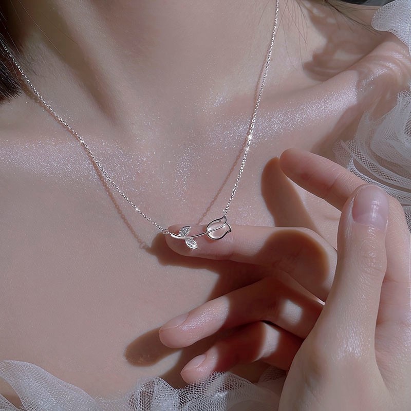 Vòng cổ Mặt Hoa Tulip Đính Đá Zircon Đơn Giản Thời Trang Hàn Quốc Cho Cô Dâu