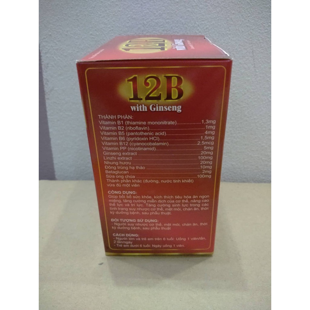 VIÊN UỐNG 12B WITH GINSENG PHỤC HỒI SỨC KHỎE - NÂNG CAO TRÍ LỰC - BỒI BỔ CƠ THỂ - BỔ SUNG CÁC VITAMIN - HỘP 100 VIÊN | BigBuy360 - bigbuy360.vn