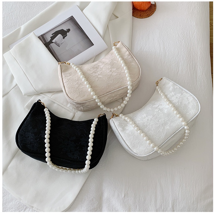 Túi đeo vai JASMIN NOIR bề mặt ren đính hạt ngọc trai nhân tạo thời trang dành cho nữ