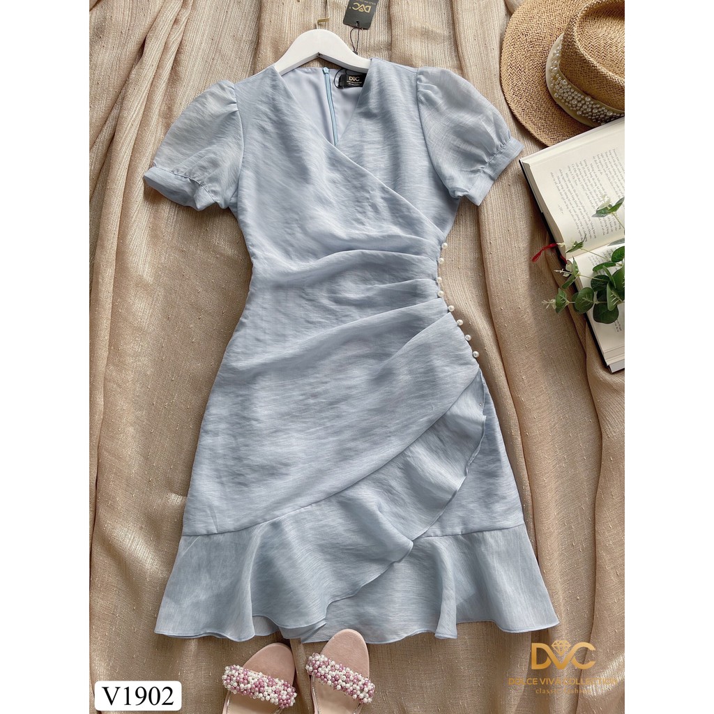 Váy xanh xòe eo đính ngọc V1902 - Đẹp Shop DVC (Kèm ảnh thật trải sàn do shop tự chụp)