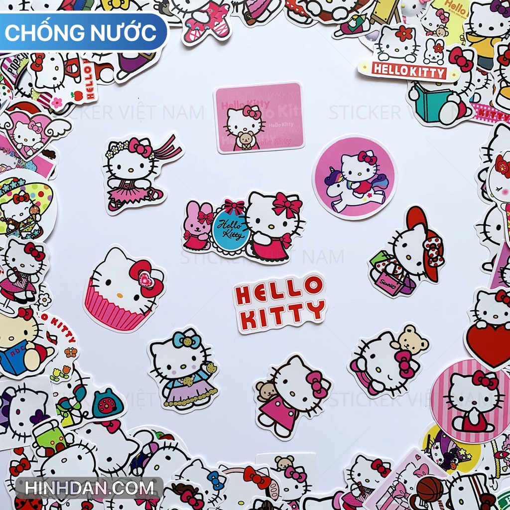 Sticker HELLO KITTY  chống nước dán nón bảo hiểm, tủ, đàn guitar, laptop, máy tính, xe, vali, tường
