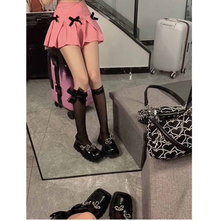 Jiashucheng Bộ Áo Sơ Mi Đính Nơ Phối Chân Váy Xếp Ly Lưng Cao Dễ Thương Cho Nữ