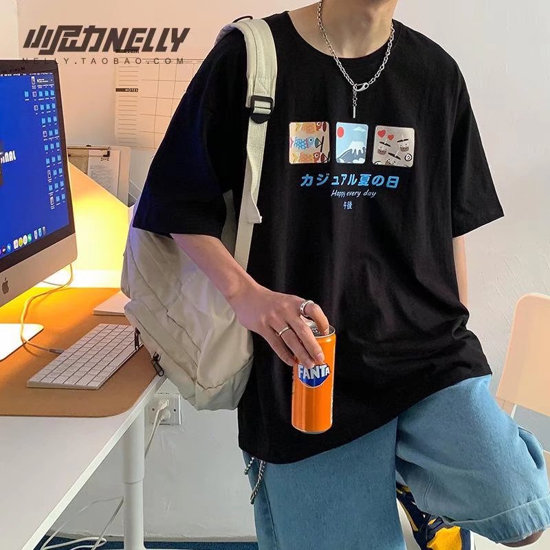 Áo thun 100% cotton tay ngắn dáng rộng in họa tiết hoạt hình phong cách Nhật Bản cho nam và nữ size M-3XL