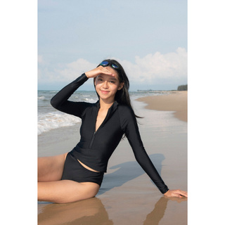 LIBÉ - Đồ bơi hai mảnh tay dài có dây kéo màu đen