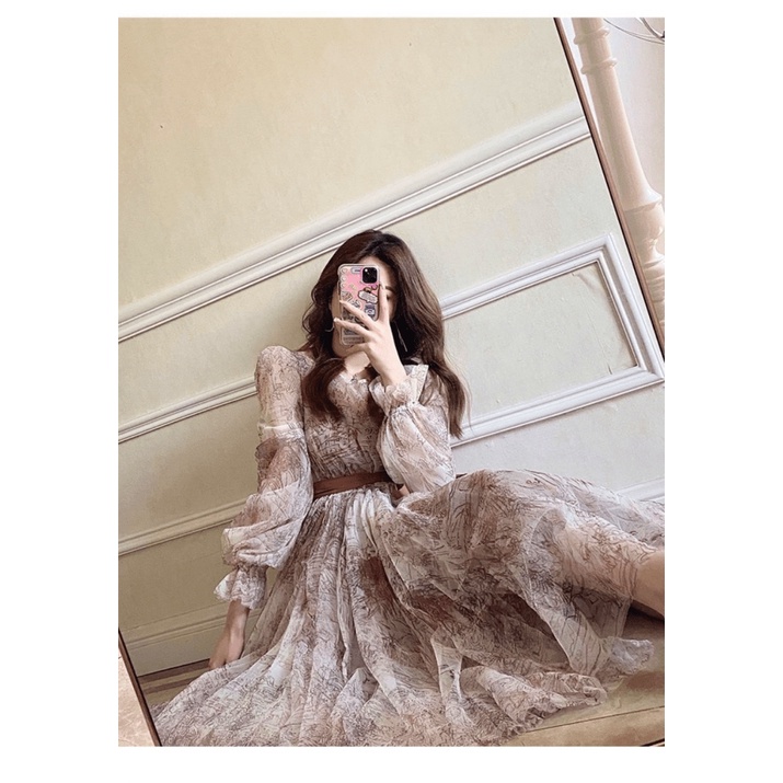 [FREE SHIP] ĐẦM XÒE LƯỚI IN HOA TIỂU THƯ PHONG CÁCH CỔ ĐIỂN SANG CHẢNH PU