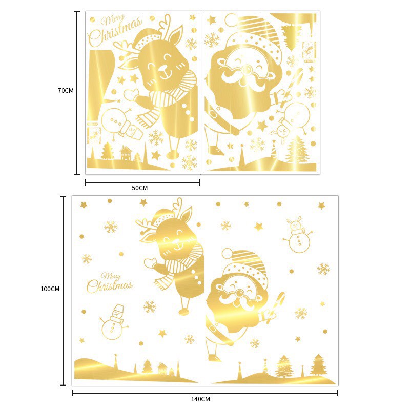 Decal trang trí tường Noel - Ông già noel tuần lộc nhí chào lễ ánh vàng cao cấp ( size lớn )