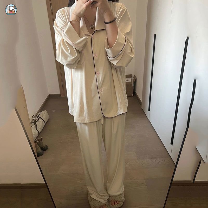 Bộ Đồ Ngủ Hai Mảnh Áo cardigan Tay Dài Quần Dài Màu Trơn Đơn Giản Phong Cách Nhật Bản Cho Nữ