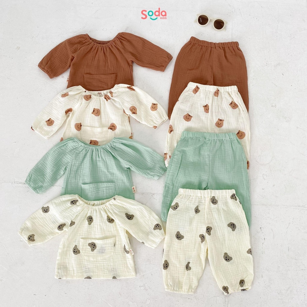 Bộ quần áo cho bé Doraemon SODA KIDS thiết kế cổ chun tay bồng, túi thần kì, chất liệu xô muslin mềm, mát