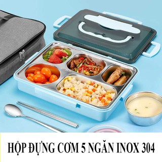 Hộp Cơm Giữ Nhiệt Văn Phòng 5 ngăn- Khay Cơm Inox 304 Tặng Kèm bộ đũa Muỗng Cá Nhân Cao Cấp