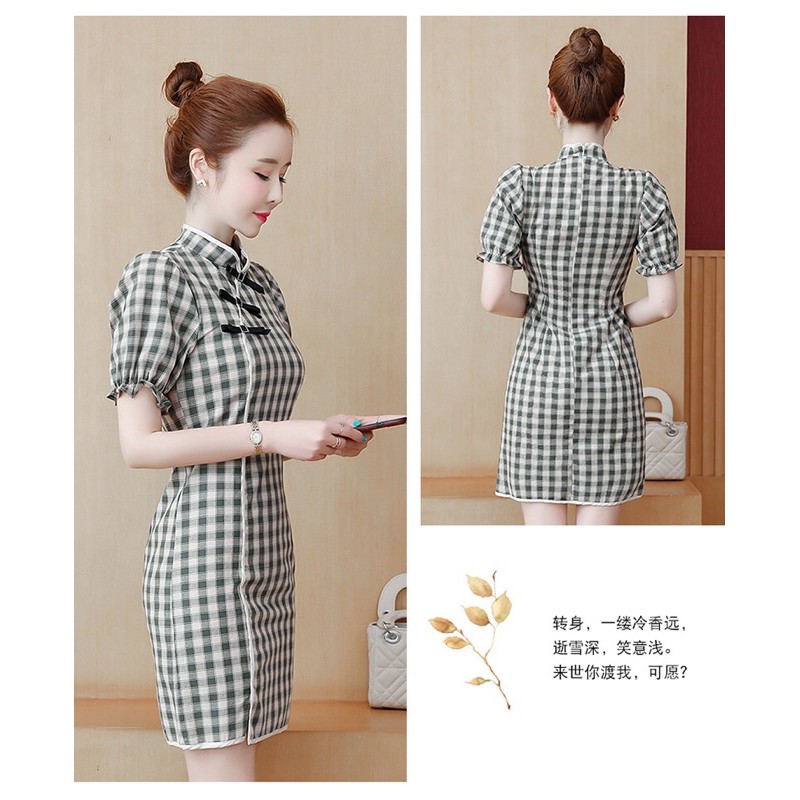 đầm sườn xám caro big size rêu đính 3 nơ xẻ đùi size 65-75kg