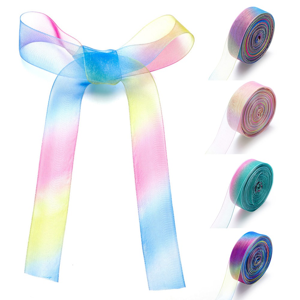 💮LANFY💮 1 Inch Width Organza Chiffon Ribbons DIY Rainbow Wrapping Ribbon Shimmer Band Ribbon for Package Wrapping Craft For Hair Wedding 4 Colors Party Decor Supply 50 Yards Satin Ribbon