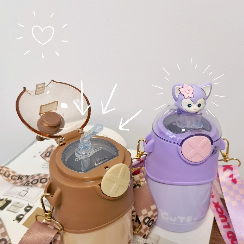 Bình nước giữ nhiệt bằng thép không gỉ 316 kèm ống hút họa tiết hoạt hình dễ thương cho bé 480ml