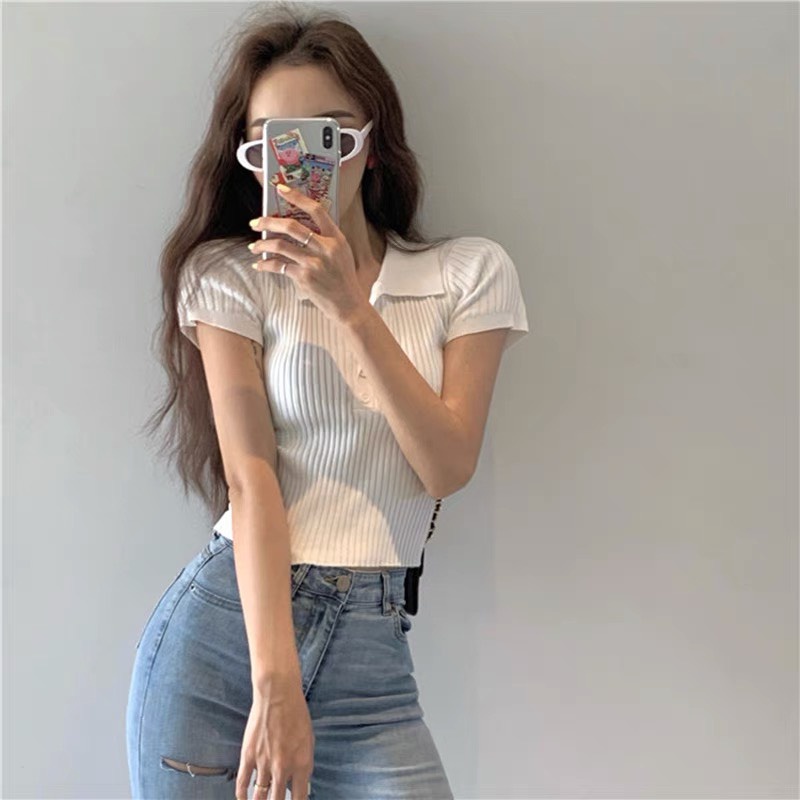 [100c đầu giá gốc] Áo polo crotop trơn có cúc tay cộc năng động - ShynTown