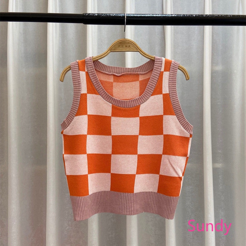 Áo Hai Dây Dệt Kim Họa Tiết Sọc Caro Thời Trang Mùa Hè Cho Nữ