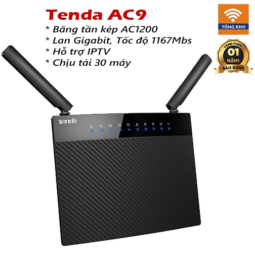 Bộ phát wifi, router wifi Tenda AC9 chuẩn AC1200 Lan Gigabit hỗ trợ IPTV chịu tải 30 máy