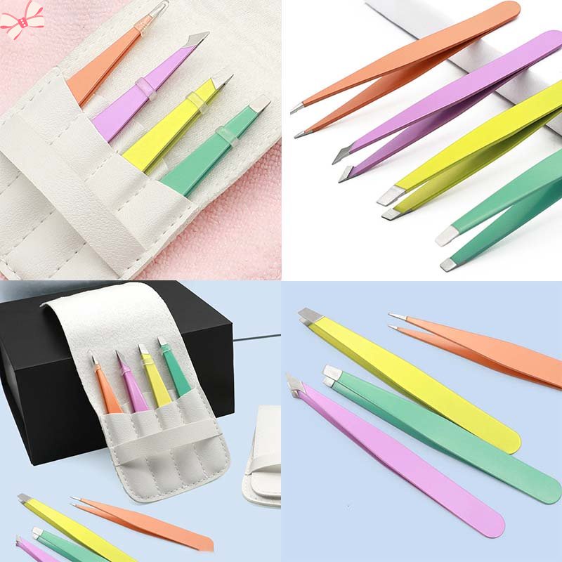 Bộ 4 Nhíp Tỉa Lông Mày Kèm Nhíp Góc Nhọn Và Bao Da Chuyên Nghiệp