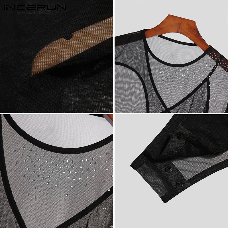 Áo liền quần INCERUN dài tay cổ tròn thiết kế xuyên thấu thời trang cho nam