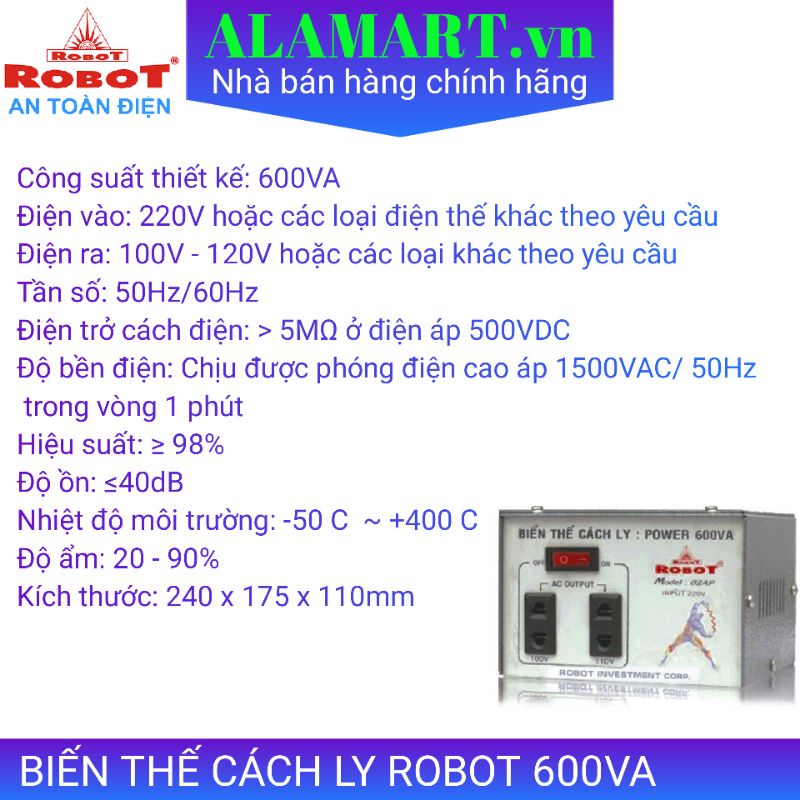 BIẾN THẾ CÁCH LY ĐỔI ĐIỆN 220V - 110V ROBOT 600VA