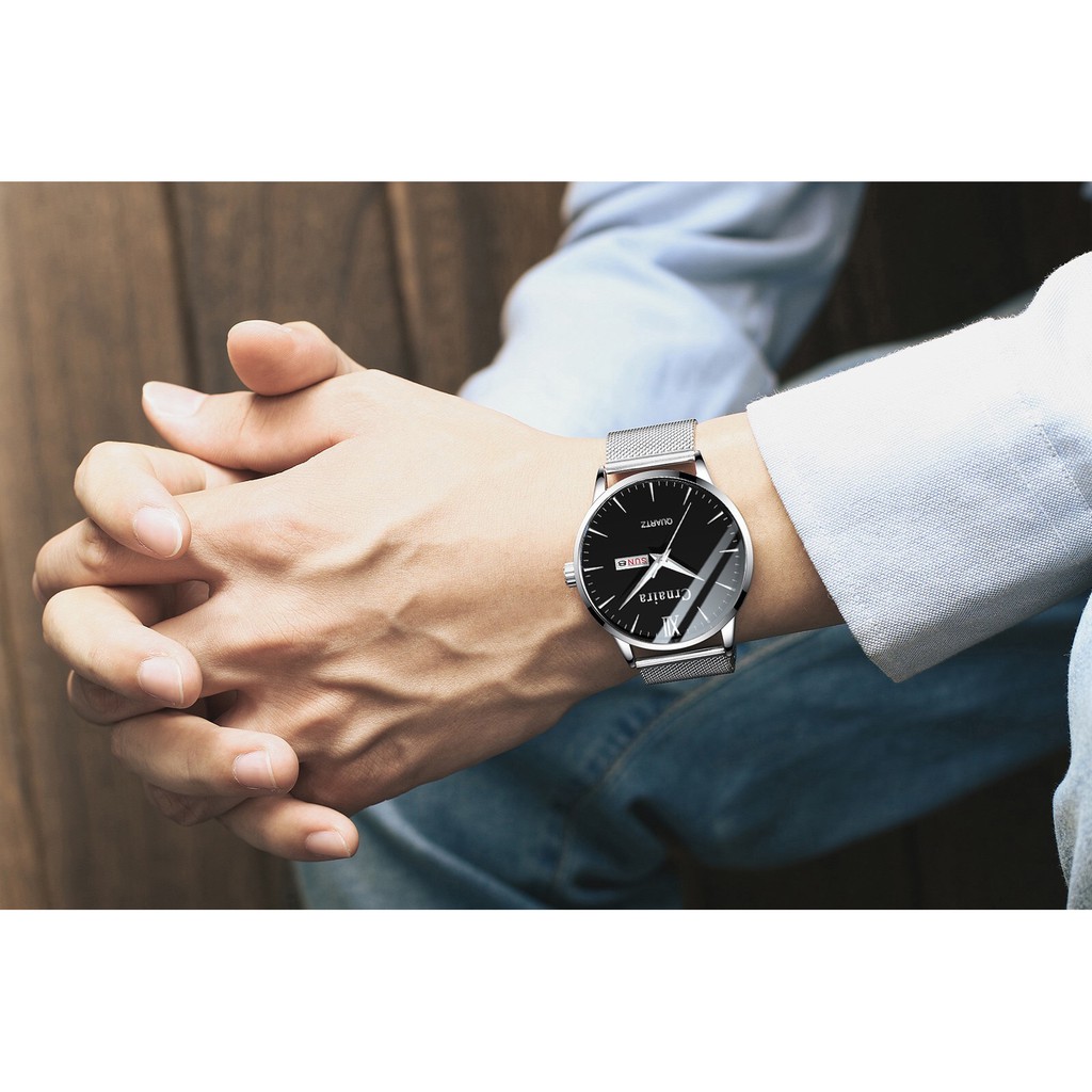 (SIÊU PHẨM) Đồng Hồ Nam 2 Lịch CRNAIRA JAPAN C099 Kim Dạng Quang_ Dây Thép Lụa Cao Cấp_Full Box