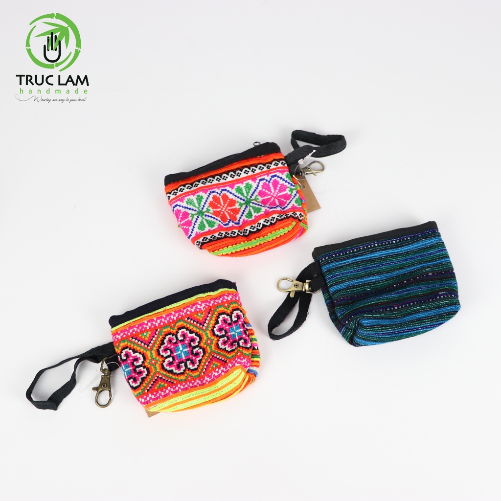 Ví Xu Mini Cầm Tay Móc Chìa Khóa Vải Thổ Cẩm Thêu Tay Trúc Lâm Handmade