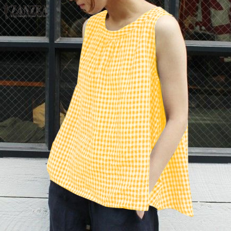 Áo sát nách ZANZEA họa tiết caro quyến rũ thời trang cho nữ