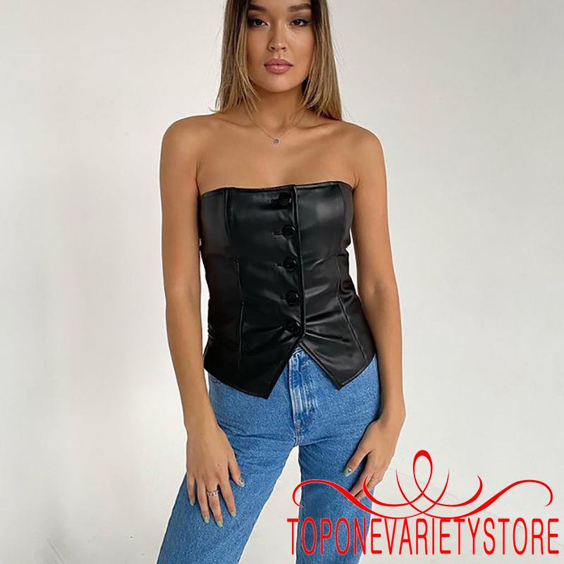 Áo corset da PU màu trơn không dây cài nút thời trang gợi cảm cho nữ