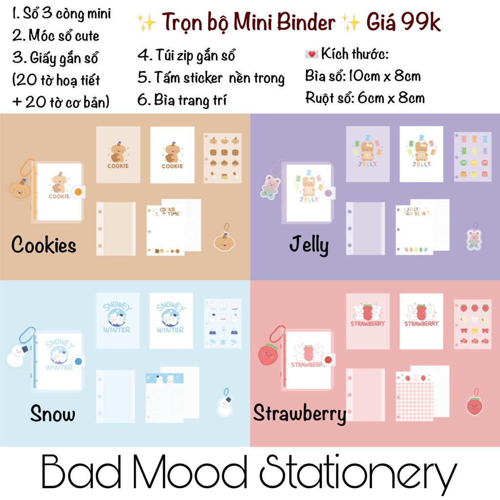 TRỌN BỘ MINI BINDER SỔ CÒNG 3 LỖ SIZE A8