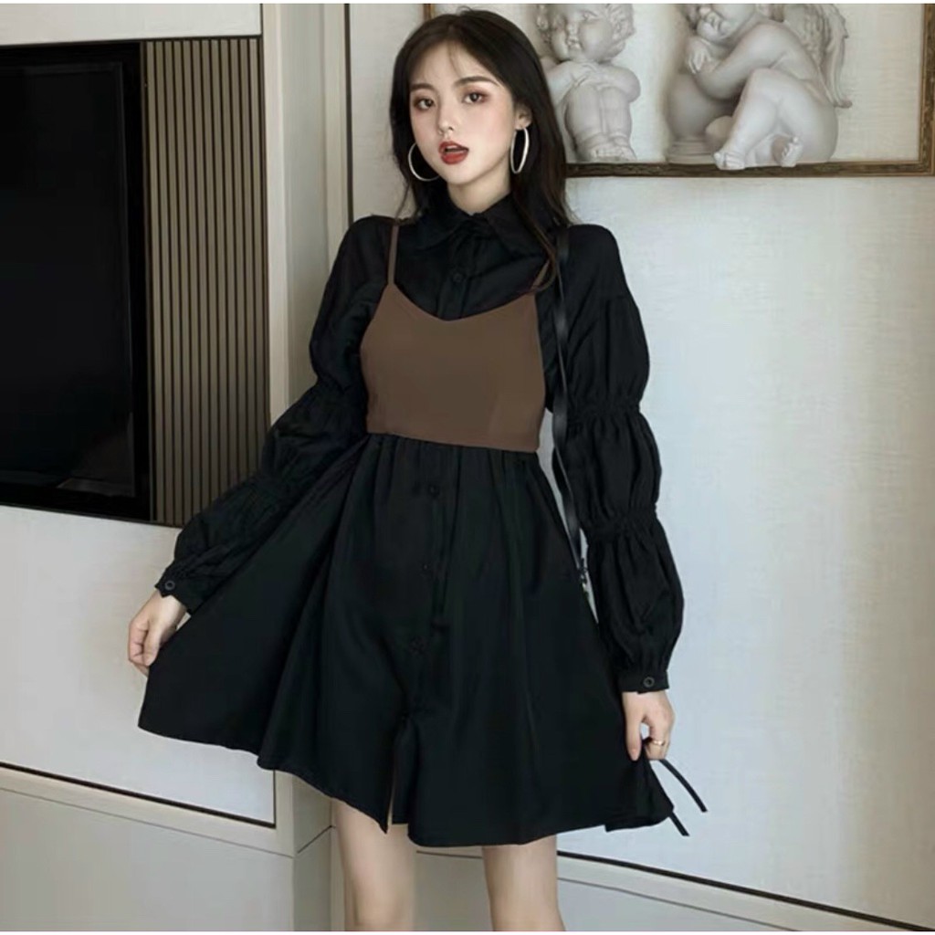 Set Đầm Sơ Mi Phối Áo💥𝑭𝑹𝑬𝑬𝑺𝑯𝑰𝑷💥Đầm babydoll,Đầm Nữ Chất Kate-LY STORE