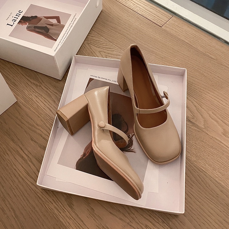 Giày cao gót nữ cao 7cm quai cài ngang 3 màu đen trắng nâu