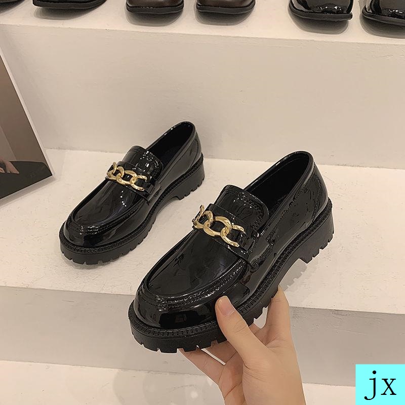 Giày lười bằng da cao gót màu đen thời trang kiểu Anh 2021