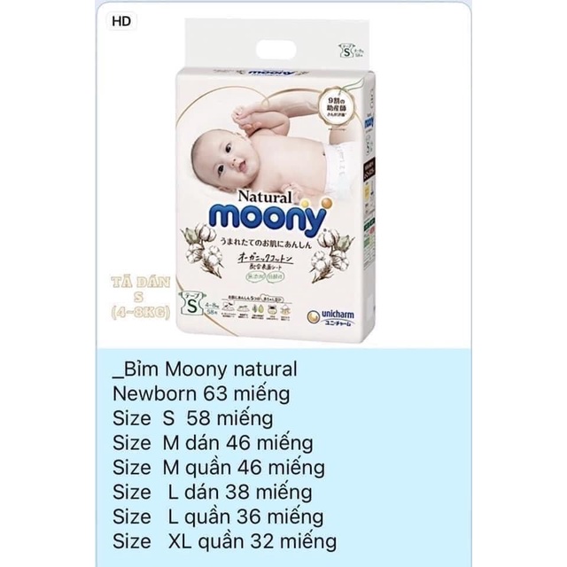 Bỉm Moony Natural Trắng nội địa nhật quần/dán size NB63/ S58/ M46/ L36/ l38/ XL32