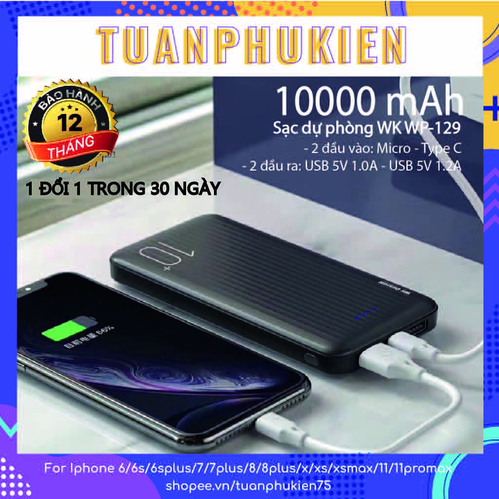 Sạc Dự Phòng ⚡ FREESHIP ⚡ Pin Sạc Dự Phòng WK WP-129 ⚡ 10000 mAh 2 Cổng USB ⚡ Tuấn Phụ Kiện