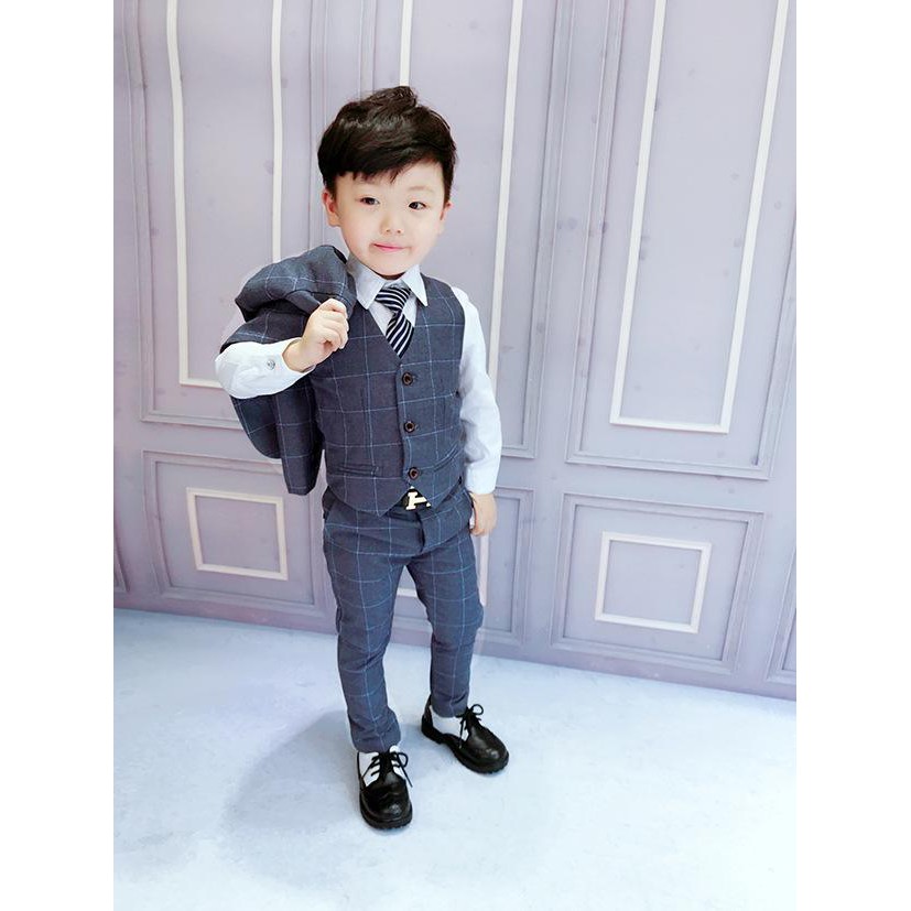 (TẶNG NƠ CÀI CỔ) Set bộ Vest cao cấp 4 chi tiết cho bé trai từ 3 đến 7 tuổi E168