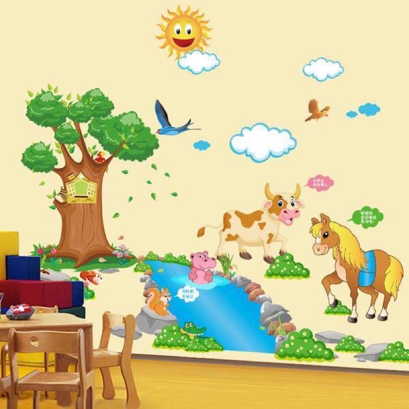 Decal dán tường cho bé đoàn thú qua sông