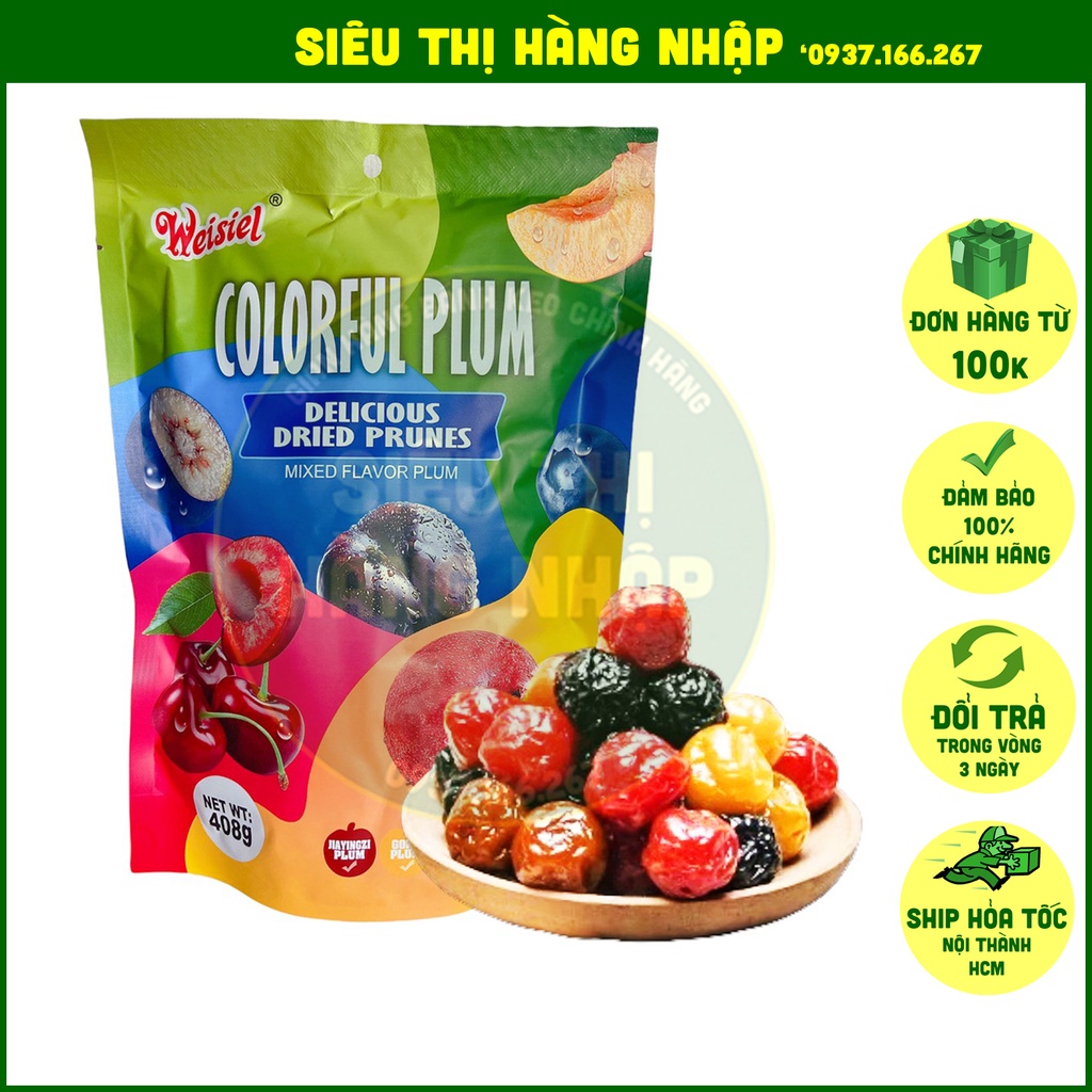 Ô mai xí muội mix nhiều loại trái cây Plum Weisiel 408g (omai ngon: cherry, việt quất, mơ, mận vàng, mận đen, mận đỏ)