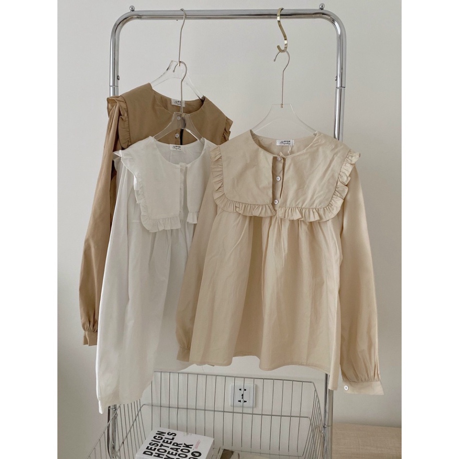 Áo sơmi nữ xuông form rộng phối cổ bèo bản to tươi trẻ A259 Nội Y Xanh hàng đẹp trendy - nội y xanh