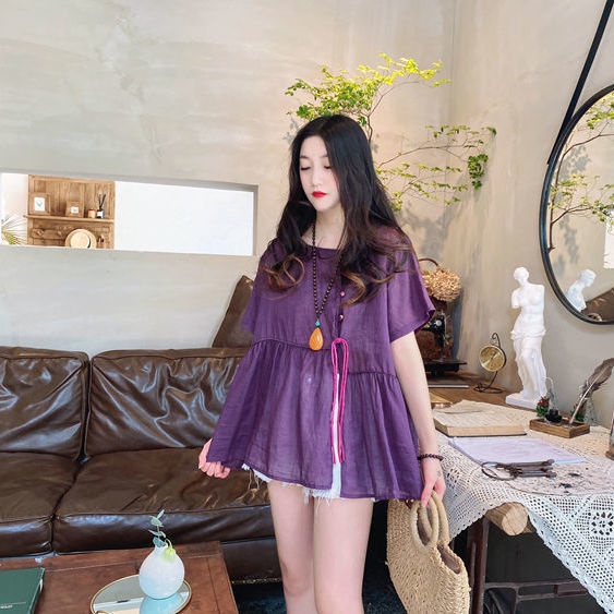 Áo Sơ Mi Cổ Tròn Dáng Rộng Mỏng Màu Sắc Ngọt Ngào Xẻ Tà Cài Khóa Phong Cách Phương Tây Cho Nữ