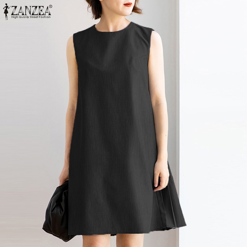 Zanzea Đầm Mini Không Tay Cổ Tròn Xếp Ly Lưng Phối Túi Phong Cách Hàn Quốc Thời Trang Cho Nữ