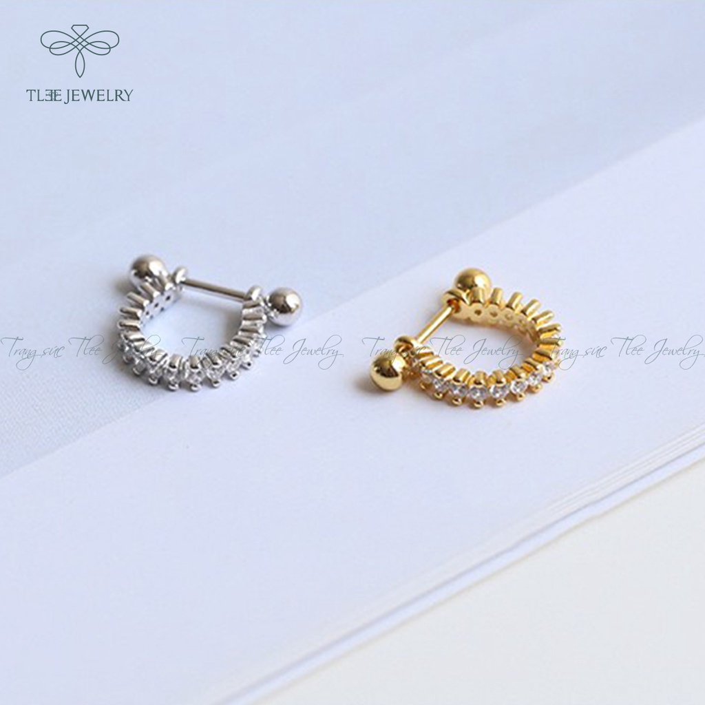 Khuyên tai bạc unisex TLEE cong nạm đá chốt vặn thẳng NCJ B0149