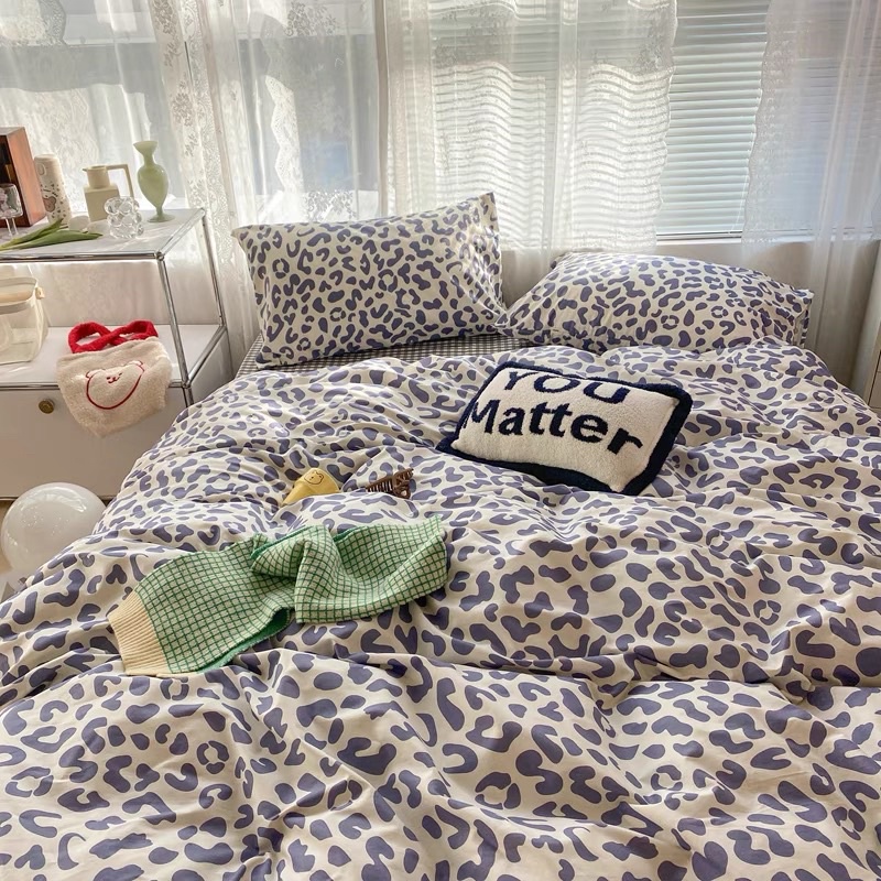 Bộ chăn ga gối Cotton Poly hoạ tiết da beo hồng xanh MÂY BEDDING đủ kích thước nệm
