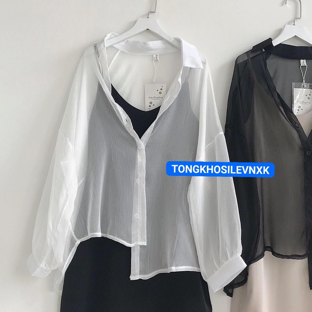 SET ÁO SƠ MI LƯỚI QUẢNG CHÂU MIX ÁO 2 DÂY HOT - SƠ MI GIẤY BUỘC ĐEN TRẮNG ULZZANG -(Sắn)