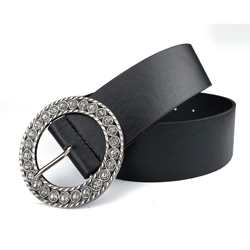 Thắt lưng da PU bản rộng phối khóa kim loại tròn thời trang cho nữ