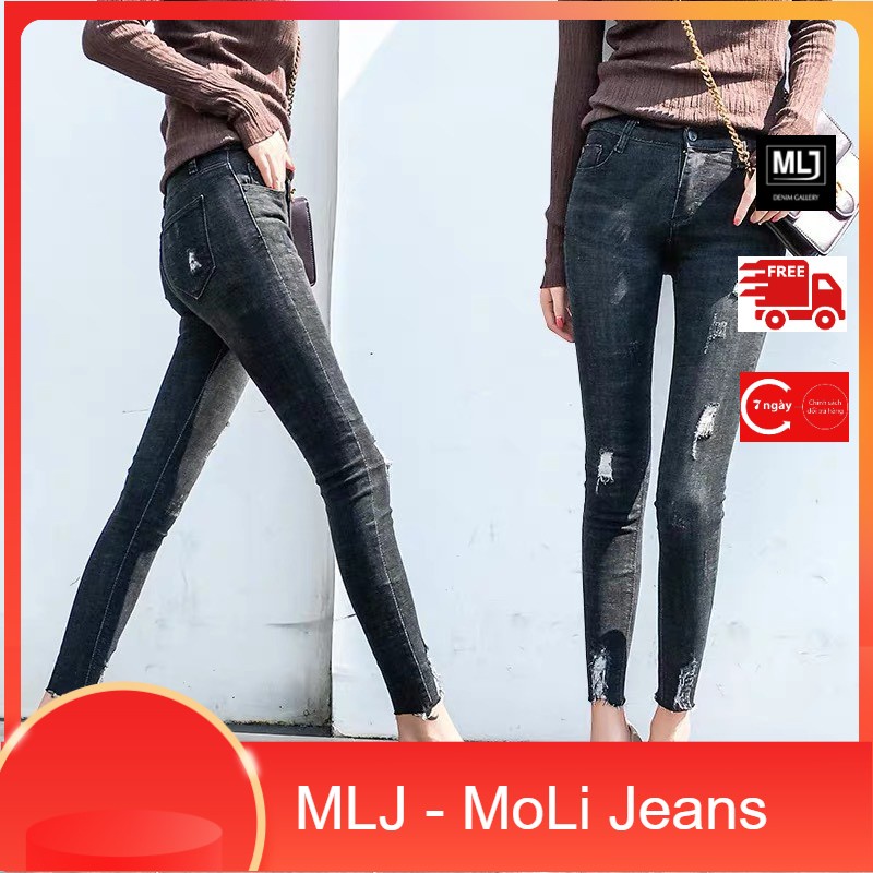 [Size 50kg~90kg] Quần jean dài BIG SIZE lưng cao che rốn co dãn mạnh, tua lai màu xám lông chuột đậm 3103