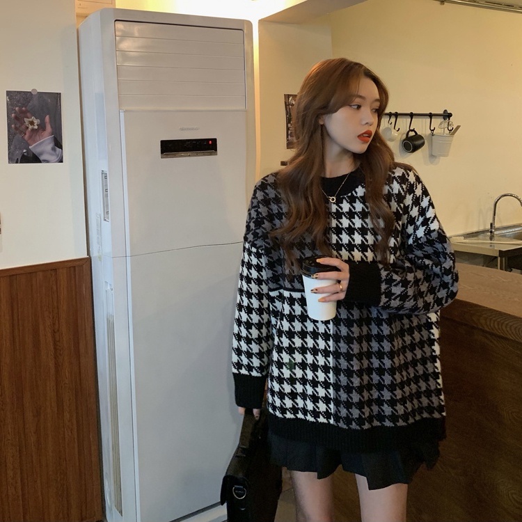 ZHELIHANGFEI Áo Len Tay Dài Họa Tiết Houndstooth Phong Cách Nhật Bản Dễ Phối Đồ