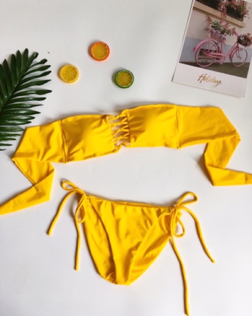 Bikini 2 mảnh áo quây đan dây ngực sexy vàng
