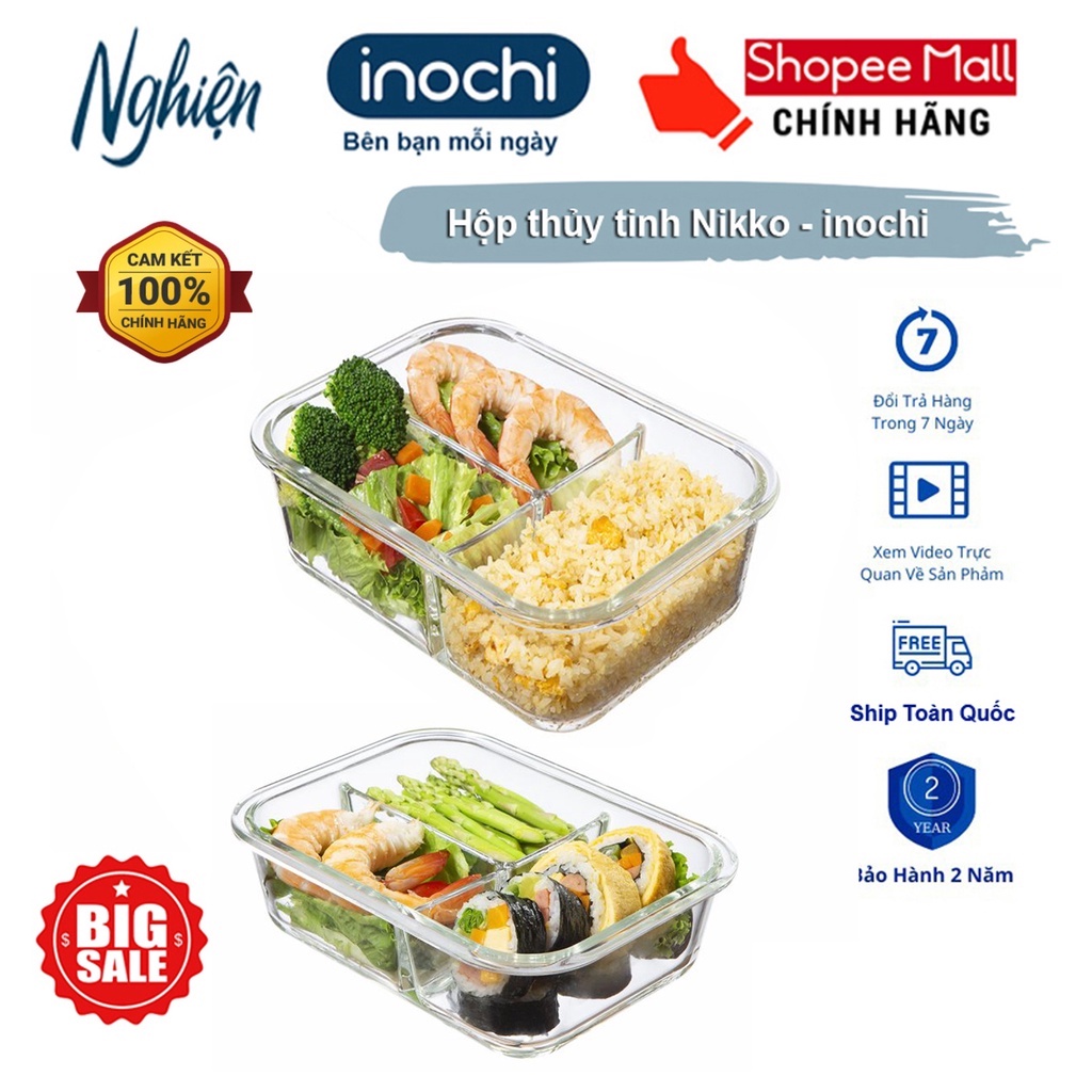 Hộp thủy tinh chia ngăn, đựng thức ăn NIKKO chính hãng INOCHI tiêu chuẩn nhật bản