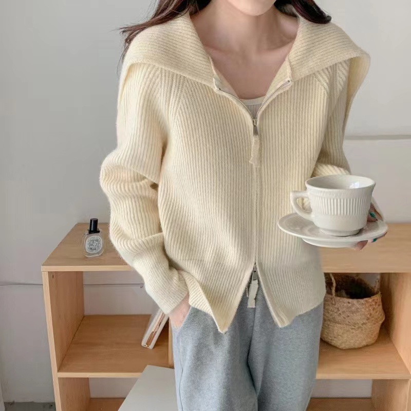 Áo Khoác Cardigan Dệt Kim Dáng Rộng Phối Khóa Kéo Đôi Phong Cách Mới Cho Nữ