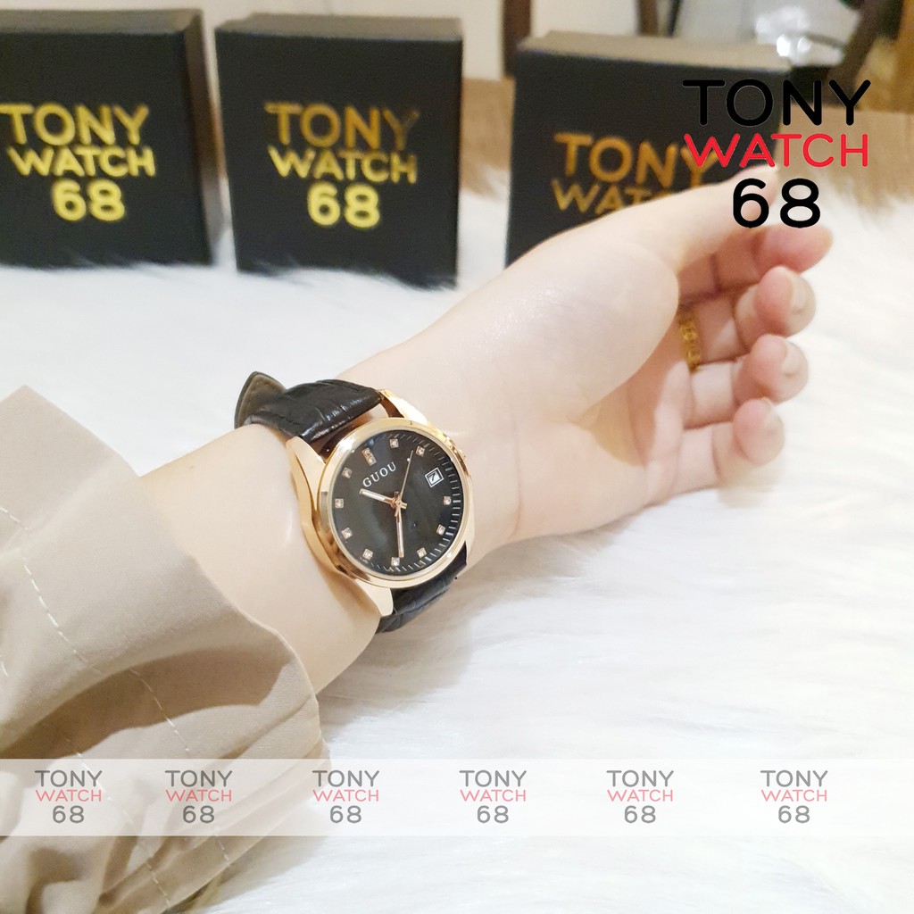 Đồng hồ Guou đẹp dây da đen mặt số ngọc viền mạ vàng chính hãng chống nước | BigBuy360 - bigbuy360.vn