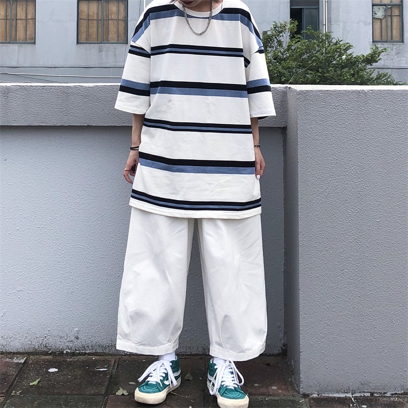 Áo Thun Cổ Tròn Tay Ngắn Họa Tiết Kẻ Sọc Đơn Giản Thời Trang Cho Nam Size M-3XL